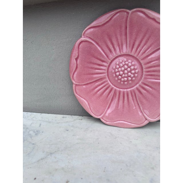Mid-Century Modern French Mid-Century Majolica Pink Flower Plate Charolles For Sale - Image 3 of 4