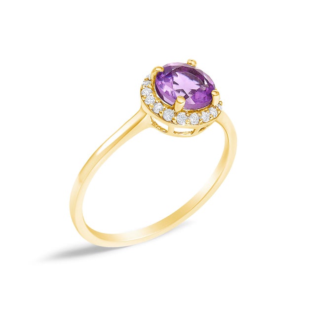 Contemporary 10K Yellow Gold Purple Amethyst and 1/10 Cttw Diamond Halo Ring For Sale - Image 3 of 7