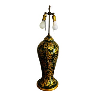 Antique Large Table Lamp Gold Laquored With Handpainted Birds and Leaves For Sale