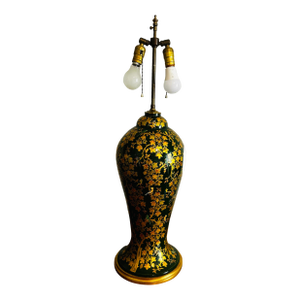 Antique Large Table Lamp Gold Laquored With Handpainted Birds and Leaves