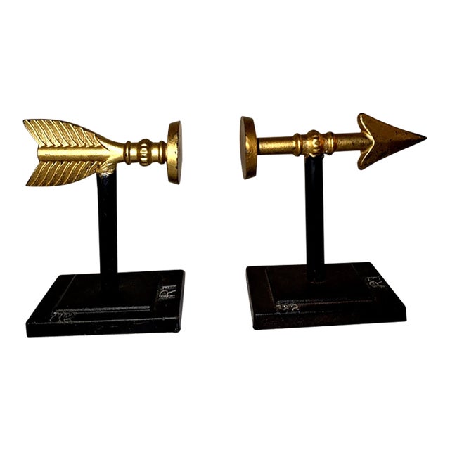 Vintage MCM Metal Arrow Cast Iron Gold Archery Decor Bookends -Pair For Sale