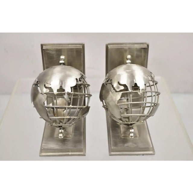 Modern Restoration Hardware Industrial Modern Metal Spinning Globe Bookends - A Pair For Sale - Image 3 of 11