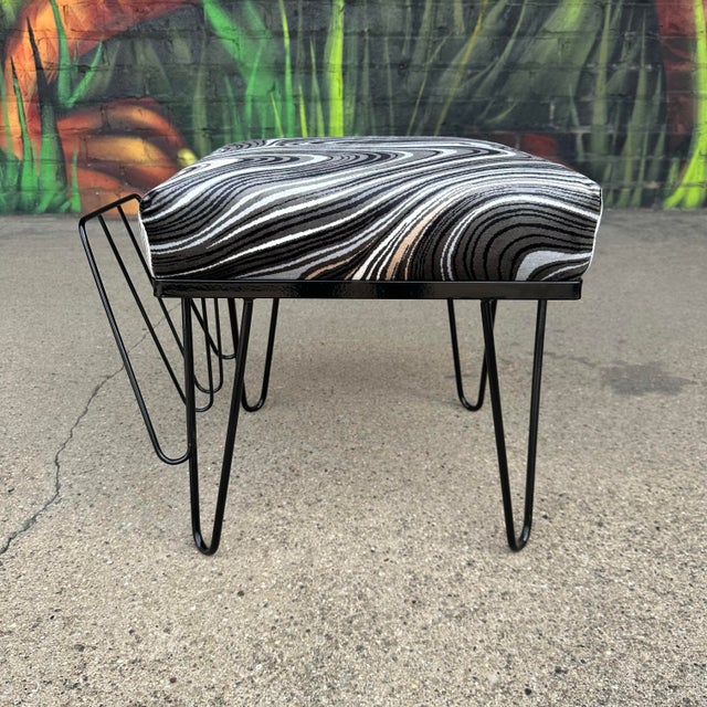 Mid 20th Century Reupholstered and Powder Coated Hairpin Leg Magazine Rack Ottoman For Sale - Image 5 of 11