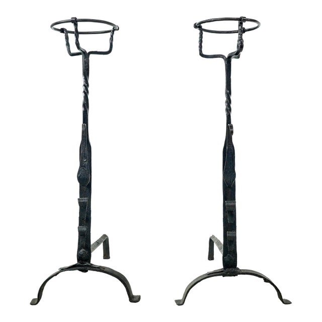 Pair of 18th Century Basket Top Wrought Iron Andirons For Sale