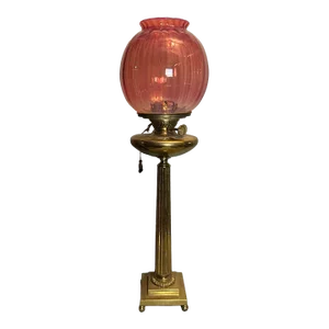 Antique Classical Brass Oil Parlor Lamp Cranberry Glass Ribbed Shade C1880