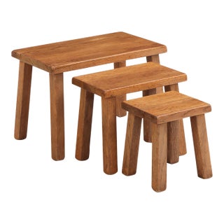 Set of French Brutalist Solid Oak Nesting Tables, C. 1960 For Sale