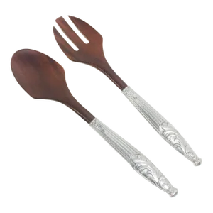 2000s Lenox Teak & Embossed Metal Salad Servers - a Pair