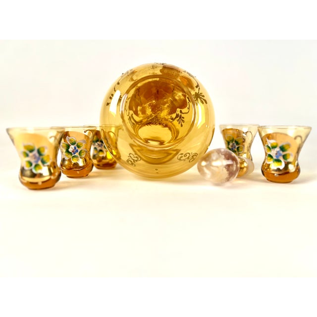 Mid-Century Modern 1950s Bohemian Crystal Gold Hand Painted Decanter and 5 Shot Glasses Set For Sale - Image 3 of 10