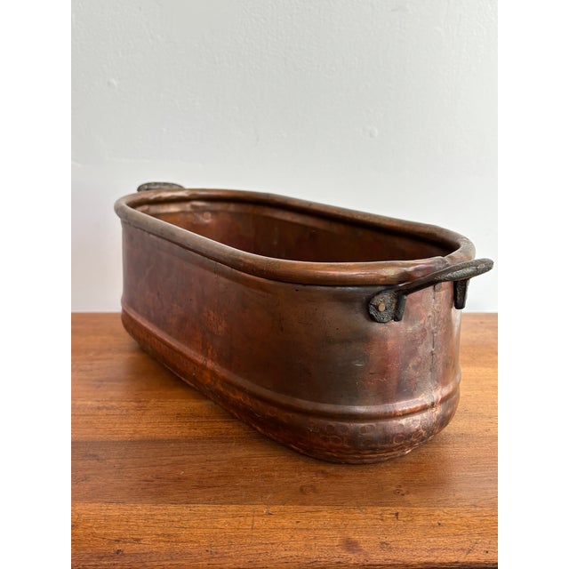Metal Long Rustic Copper Planter Cachepot With Handles For Sale - Image 7 of 9