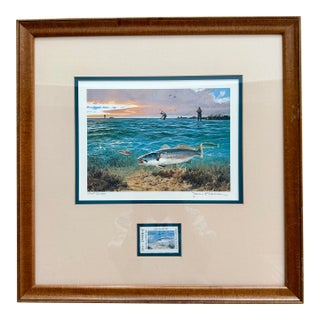 1980s Texas Original Saltwater Print and Stamp, Framed For Sale