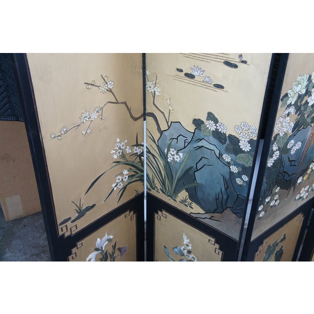 Vintage Chinese Black Lacquer 4 Panel Hand Painted Folding Screen Room Divider For Sale - Image 10 of 18
