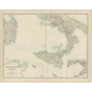 Antique Map of South Italy and the Island of Sardinia by Johnston, 1909 For Sale
