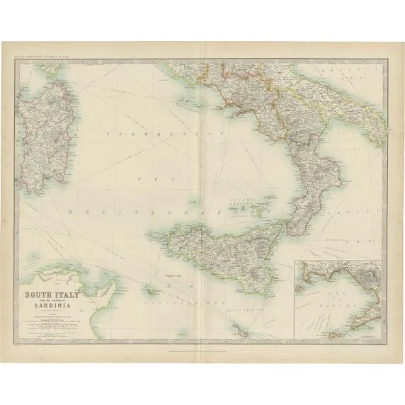 Antique Map of South Italy and the Island of Sardinia by Johnston, 1909 For Sale