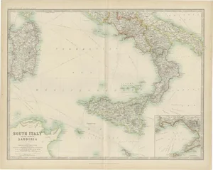 Antique Map of South Italy and the Island of Sardinia by Johnston, 1909