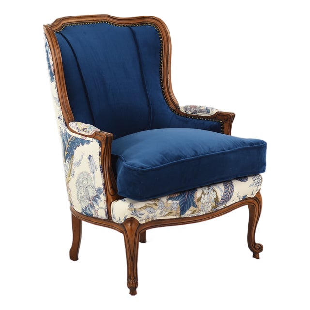 Schumacher Linen Accent Chair on Restored Vintage Ethan Allen Camille Bergere With Sapphire Velvet For Sale