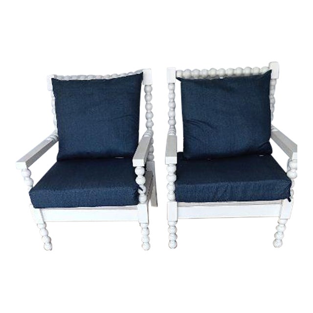 1990s Coastal Wood White Arm Chair With Blue Cushion Set of 2 For Sale