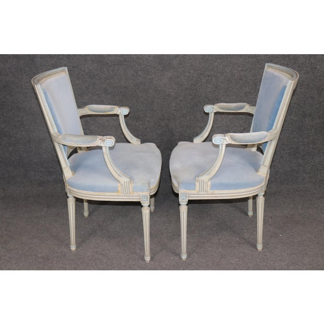 Pair of French Louis XVI Style Creme & Blue Paint Decorated Armchairs C. 1930's For Sale In Philadelphia - Image 6 of 15