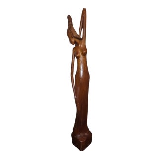 Large 21" Mid-Century Balinese Art Deco Macassar Ebony Wood Elongated Maiden Sculpture by a.a. Fatimah For Sale