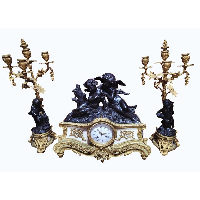 Antique French Denière Bronze & Marble Clock Garniture Set - Cherubs, 3-Piece, 19th Century For Sale - Image 4 of 18