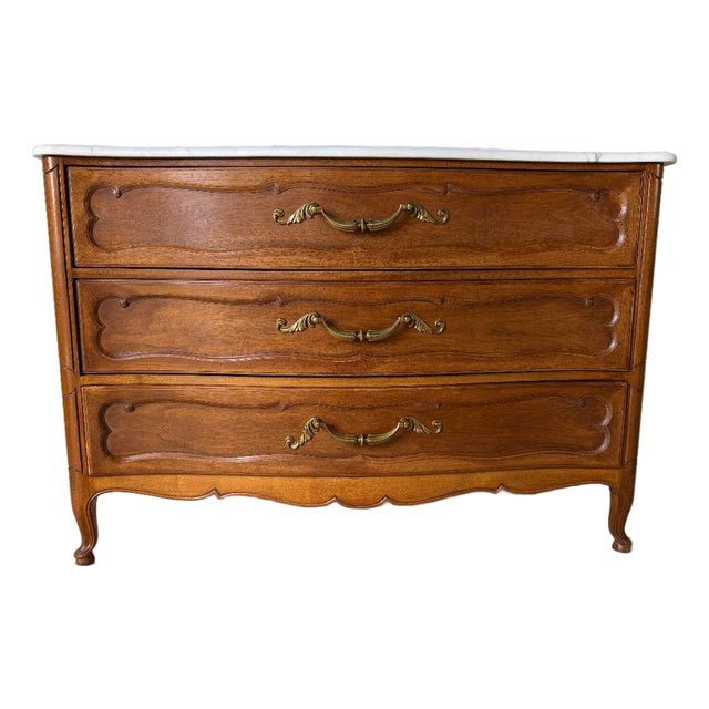 1960s Vintage French Provincial Louis XV Style Walnut & White Marble Top Three-Drawer Commode For Sale