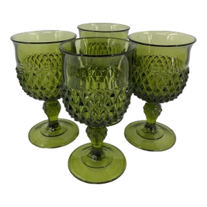 1960s Diamond Point by Indiana Glass Dark Green Avocado Water Goblets- Set of 4