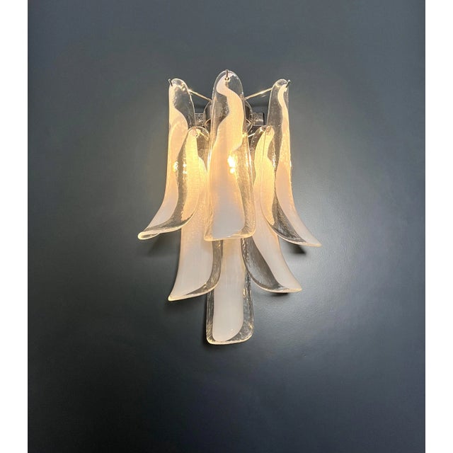 Pair of Italian Murano Wall Lights, Mazzega – 6 White Lattimo Glass Petals For Sale - Image 10 of 10