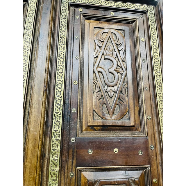 1920s Antique Indian Temple Doors Hand Carved Om Double Doors – Ornate Rustic Wood Entryway 82 For Sale - Image 5 of 7