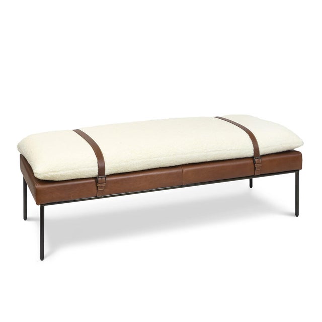 Metal Regina Andrew Aspen Leather & Boucle Faux Wool Bench, White For Sale - Image 7 of 7