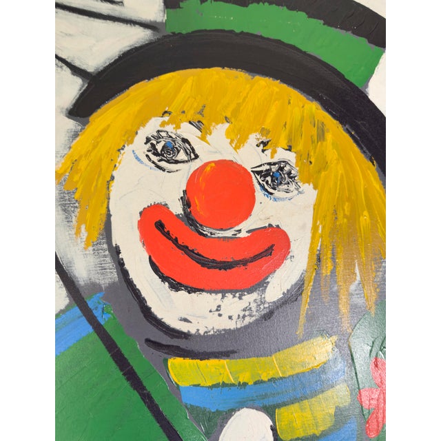 This vibrant original oil on canvas painting is signed by the artist, likely titled “Sawyer.” The work depicts a clown...