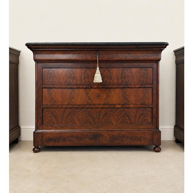 19thC Louis Philippe Flame Mahogany Commode With Gray Marble Top and Bun Feet For Sale - Image 9 of 9