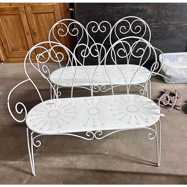 Mid 20th Century Painted Wrought Iron Scrolled Garden Benches, a Pair For Sale In Denver - Image 6 of 16