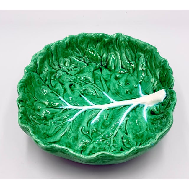 Shabby Chic 1940s Bordallo Pinheiro Cabbage Leaf Bowl Pressed Frog Mark Portugal Majolica 9" For Sale - Image 3 of 7