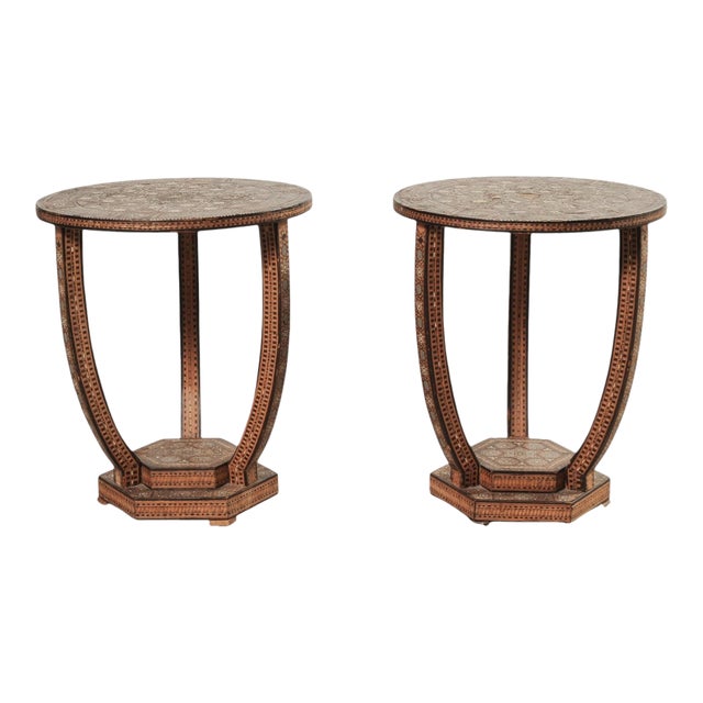 Pair of Moorish Geometric Mother-of-Pearl Inlaid Drink Tables For Sale