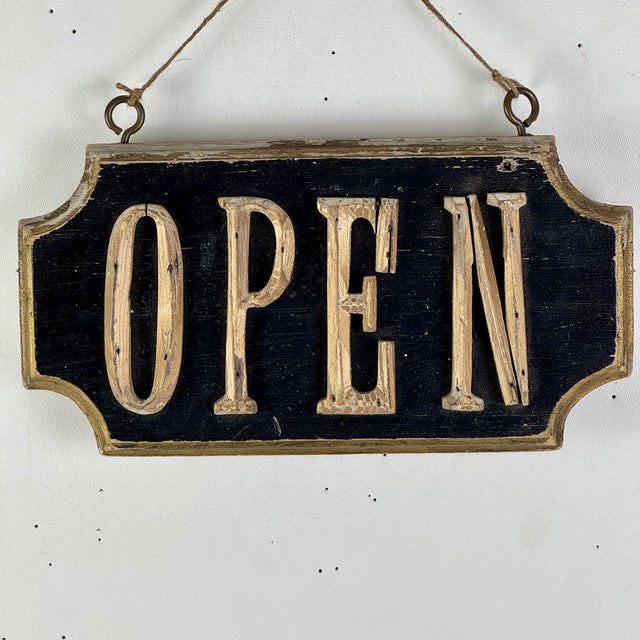 A unique vintage trade sign to indicate shop open. Made of wood with scalloped edges and raised lettering. It's double...