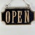 A unique vintage trade sign to indicate shop open. Made of wood with scalloped edges and raised lettering. It's double...