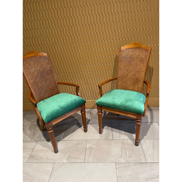 Pair of Mid-Century Transitional Cane Back Armchairs in Everlast Billiard Green Chenille (Thomasville Ceremony Style) - Set of 2 For Sale - Image 10 of 12