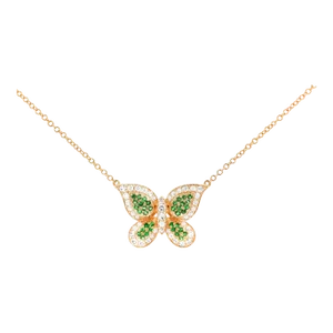 Natural Diamond and Green Tsavorite Butterfly 14K Yellow Gold Necklace