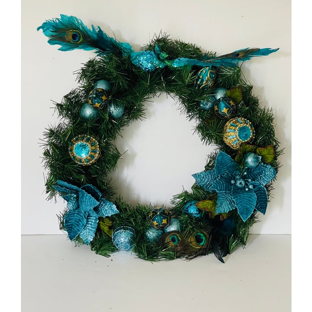 Artisan blue peacock Christmas Holiday Wreath.