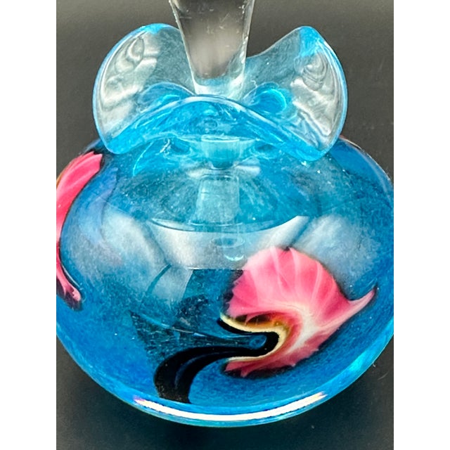 Contemporary Signed Hand‑Blown Studio Art Glass Perfume Bottle – Blue Swirl With Clear Stopper For Sale - Image 3 of 9
