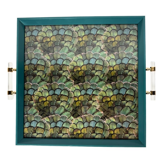 Custom Peacock Tray Acrylic Handles Teal For Sale