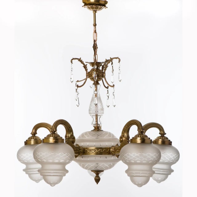 1950s Large Brass 5 Branch 7-Light Chandelier With Center Shade and Frosted Cut Glass Shades For Sale - Image 13 of 13