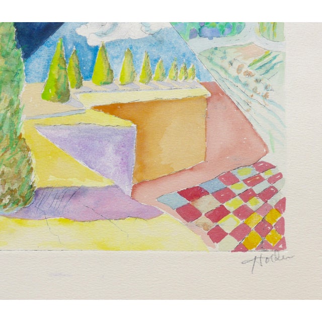 Abstract Martha Holden "Cubist French Landscape" Watercolor and Etching on Paper For Sale - Image 3 of 5