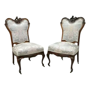 Early 1900s Victorian Floral Scrollwork Carved Mahogany Parlor Slipper Side Chairs - a Pair