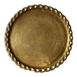 Indo-Persian Round Brass Hand Crafted Decorative Tray Platter Vintage Mid Century