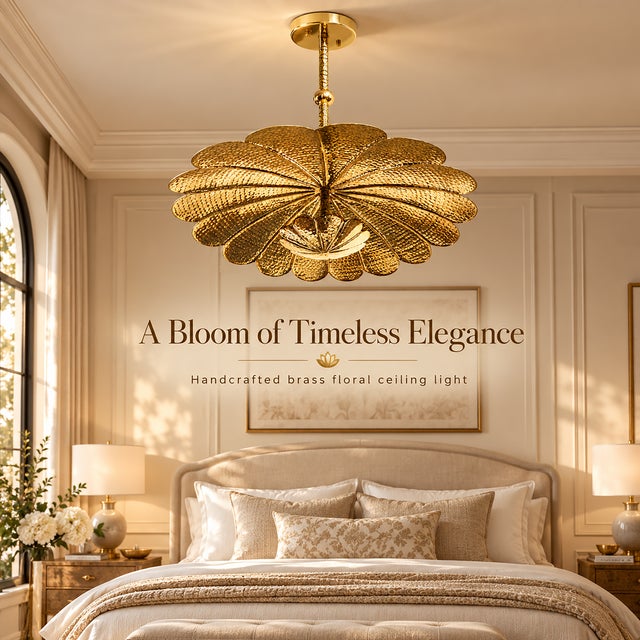 Handmade Brass Floral Ceiling Light, Vintage Lotus Flower Chandelier, Hammered Brass Pendant Light, Scalloped Ceiling Fixture For Sale - Image 6 of 13