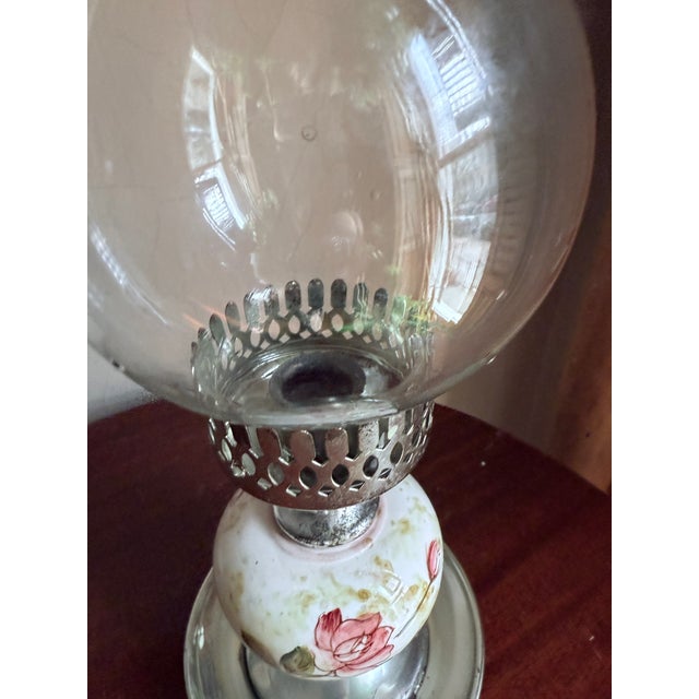 1960s Vintage Mid Century Hurricane Oil Lamp Floral Ceramic Silver Base Glass Chimney For Sale - Image 5 of 9