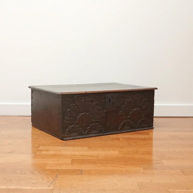 18th century oak carved bible box. Measurements: width: 27.5 depth: 19" height: 10.5"