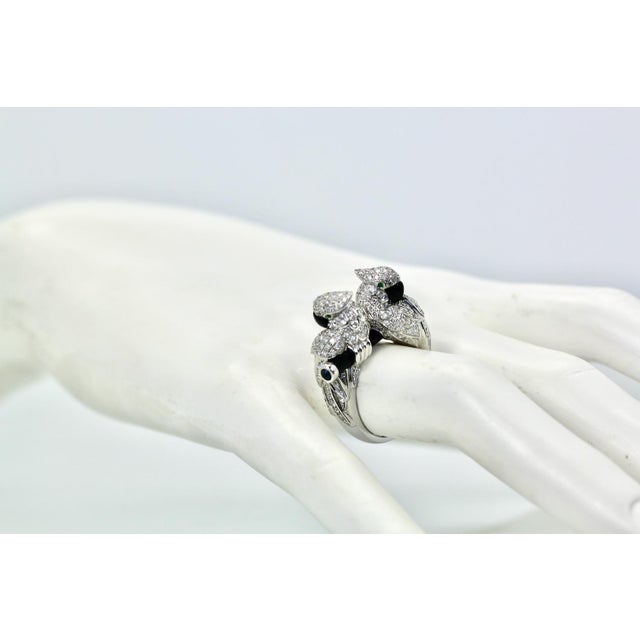 Gemstone 18k Gold Double Parrot Cocktail Ring With Diamonds and Onyx, France, Size 6.5 For Sale - Image 7 of 7