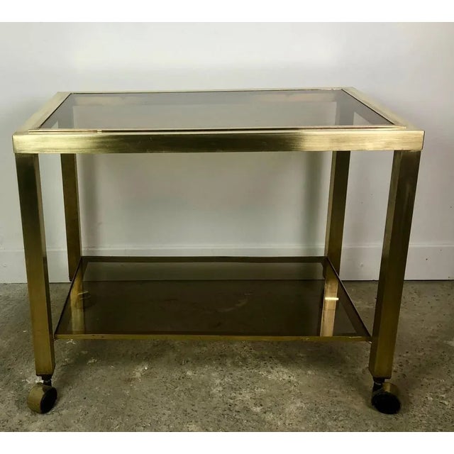 2-Tier Smoked Glass & Brass Serving Trolley, 1970s For Sale - Image 10 of 10