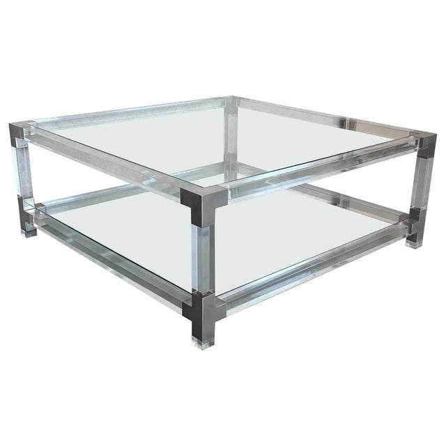 Midcentury Square Lucite Coffee Table With Chromed Metal Details For Sale - Image 9 of 9